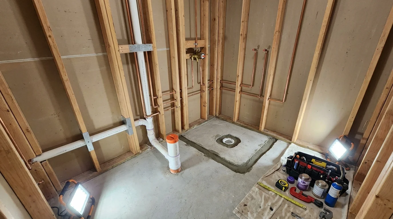 Bathroom rough-in plumbing during remodel by Johns Plumbing LLC in Medora