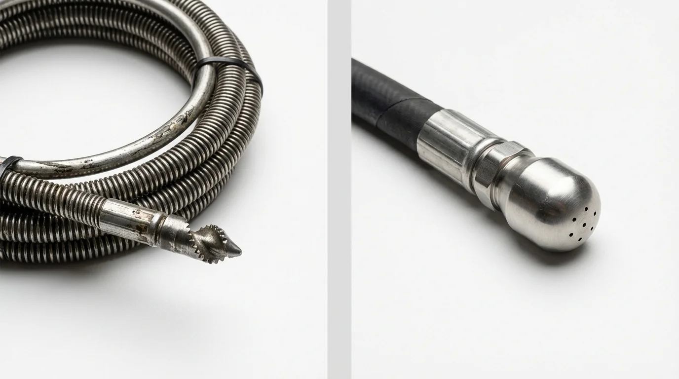 Drain snake cable and hydro jetting nozzle used for drain cleaning in Medora, ND