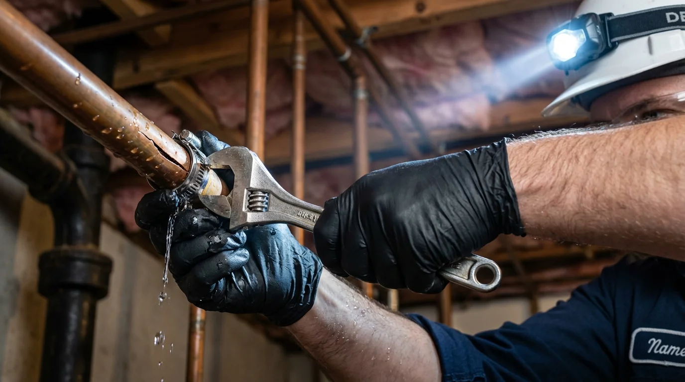 Emergency pipe clamp repair being performed by a Johns Plumbing LLC plumber in Medora