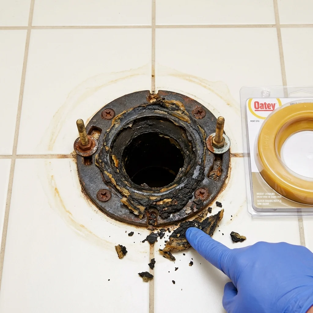 Failed wax ring showing water seepage at the base of a toilet in a Medora, ND home