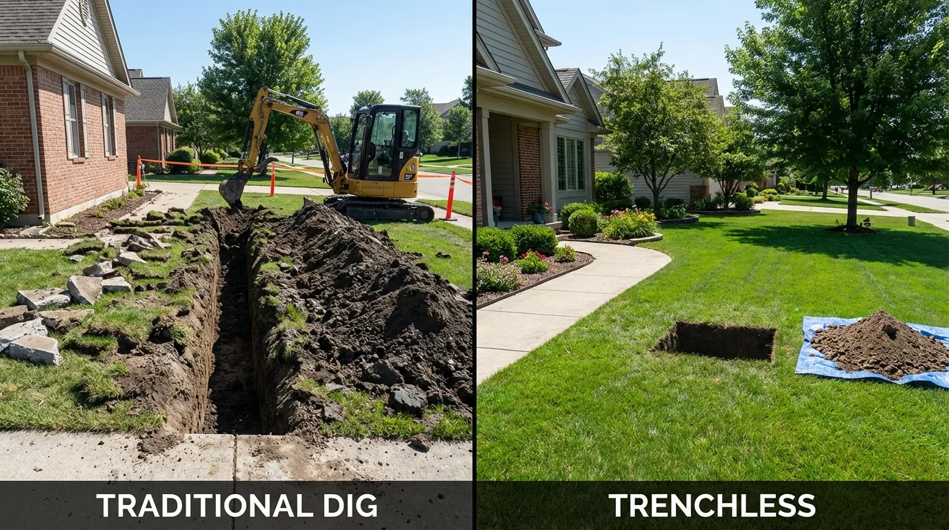 Trenchless sewer repair with minimal yard damage versus traditional excavation in Medora, ND