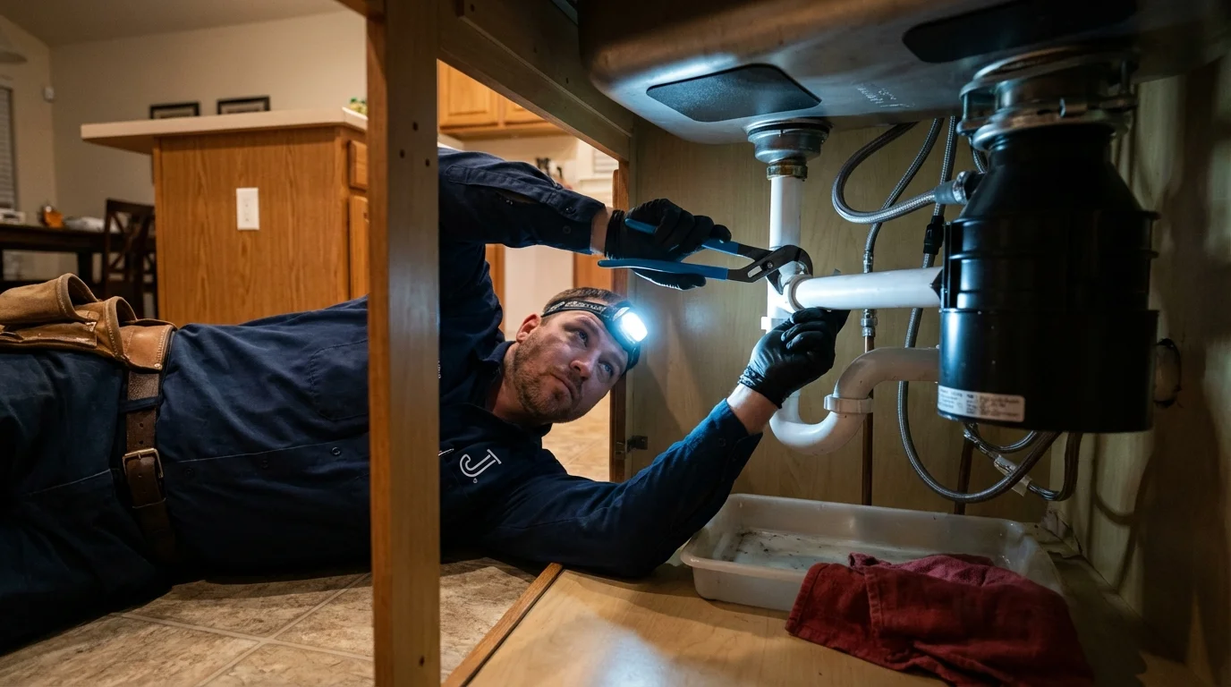 P-trap and supply line connections under a kitchen sink showing a common leak point in Medora, ND